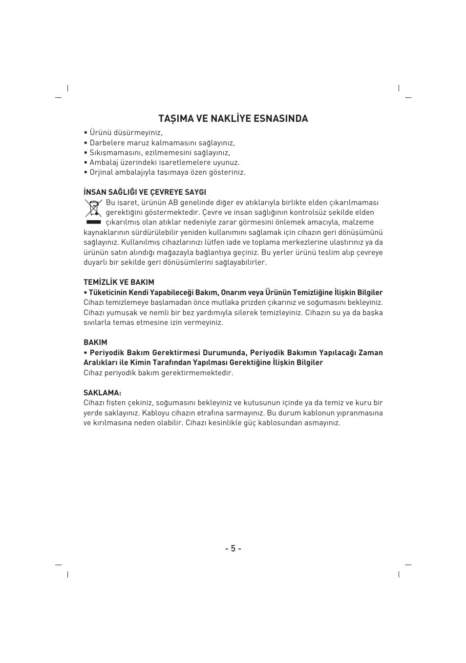 Tafiima ve nakl‹ye esnasinda | SINBO SMR 4219 User Manual | Page 6 / 48