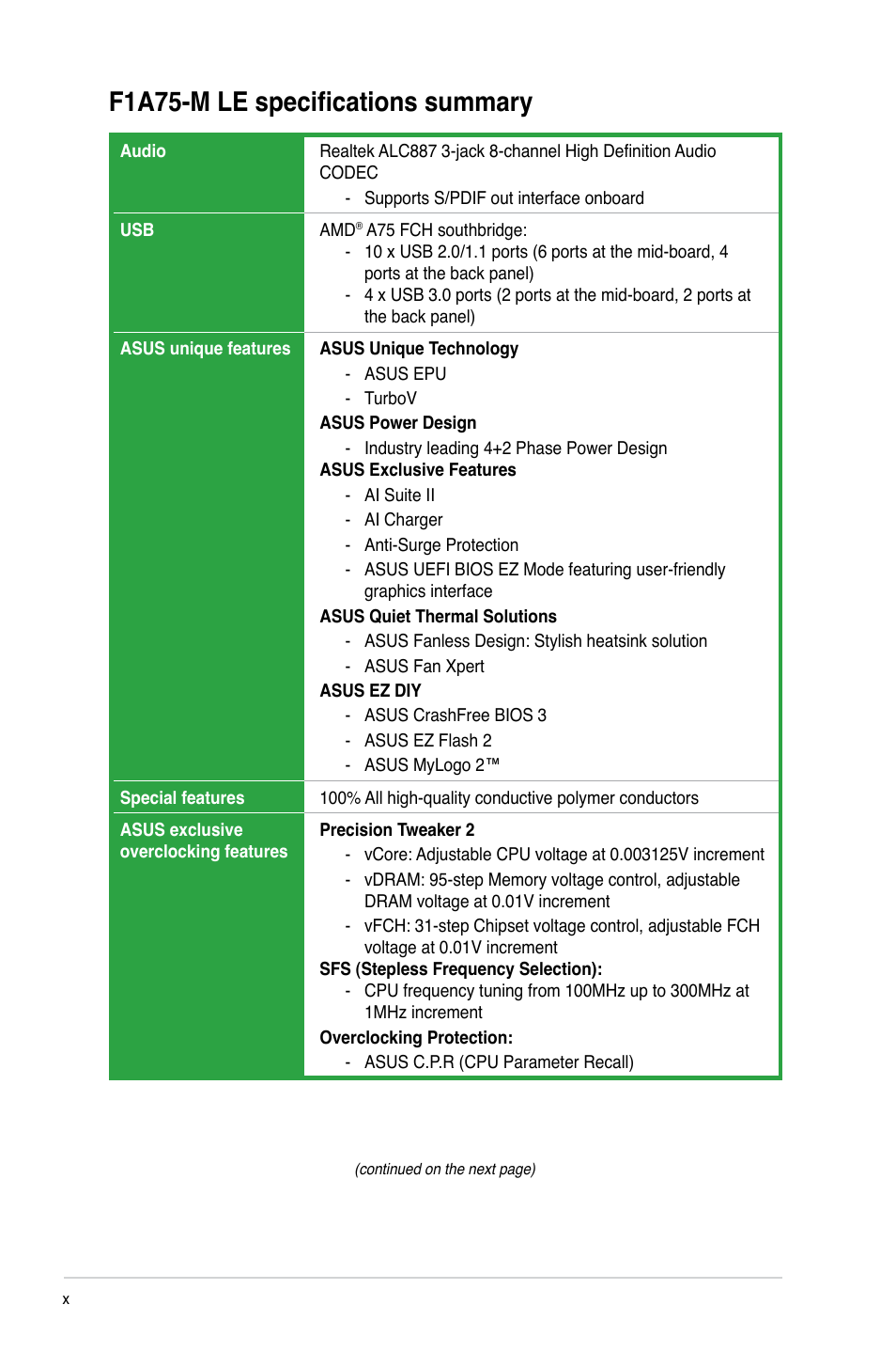 F1a75-m le specifications summary | Asus F1A75-M LE User Manual | Page 10 / 66