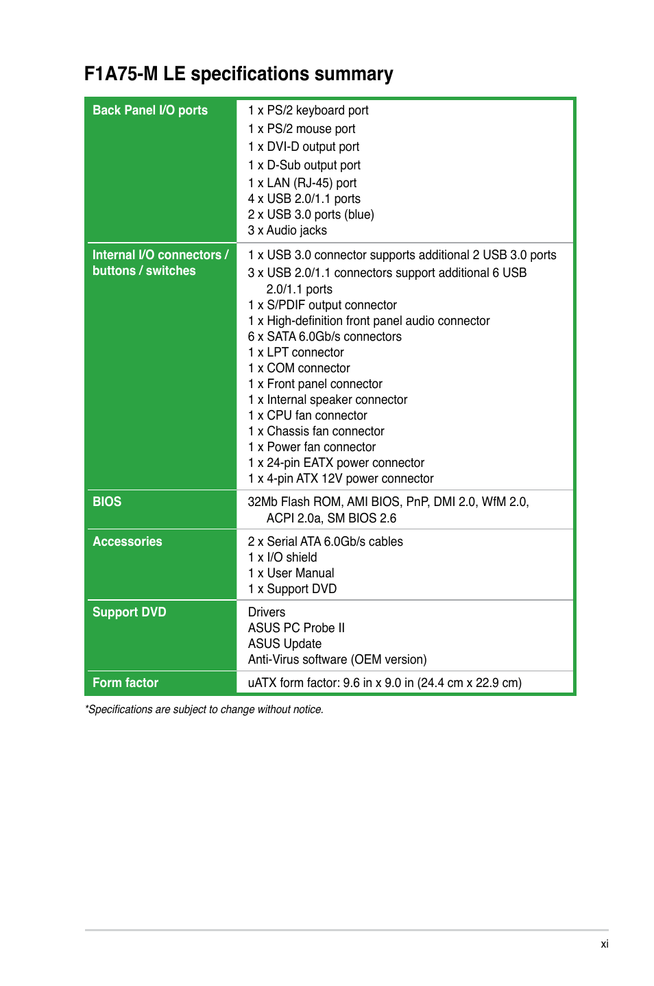 F1a75-m le specifications summary | Asus F1A75-M LE User Manual | Page 11 / 66