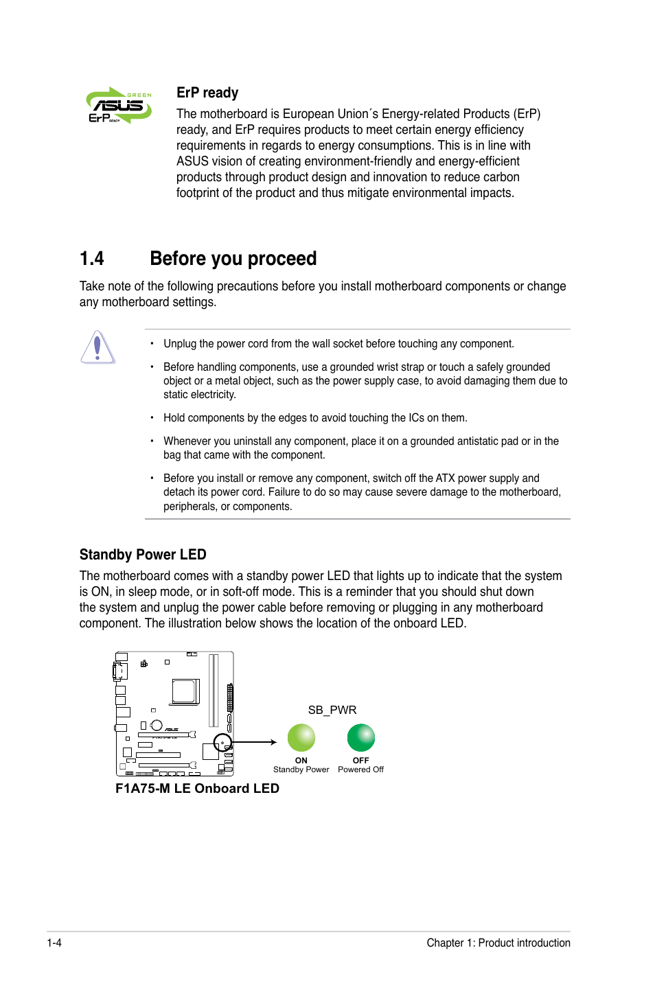 4 before you proceed, Before you proceed -4, Standby power led | Erp ready | Asus F1A75-M LE User Manual | Page 16 / 66