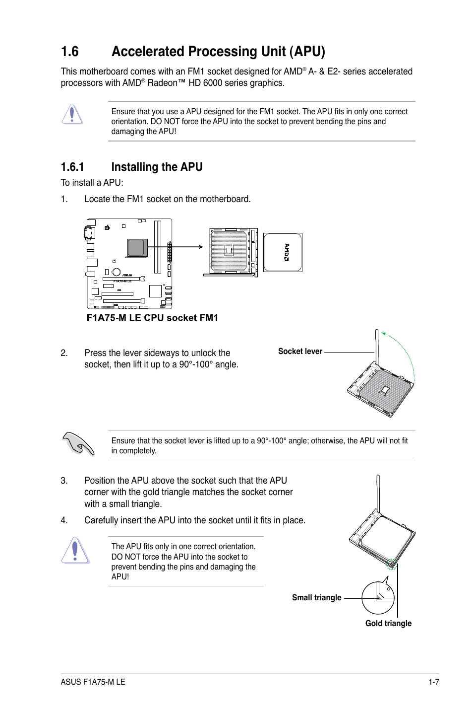 6 accelerated processing unit (apu), 1 installing the apu, Accelerated processing unit (apu) -7 1.6.1 | Installing the apu -7 | Asus F1A75-M LE User Manual | Page 19 / 66