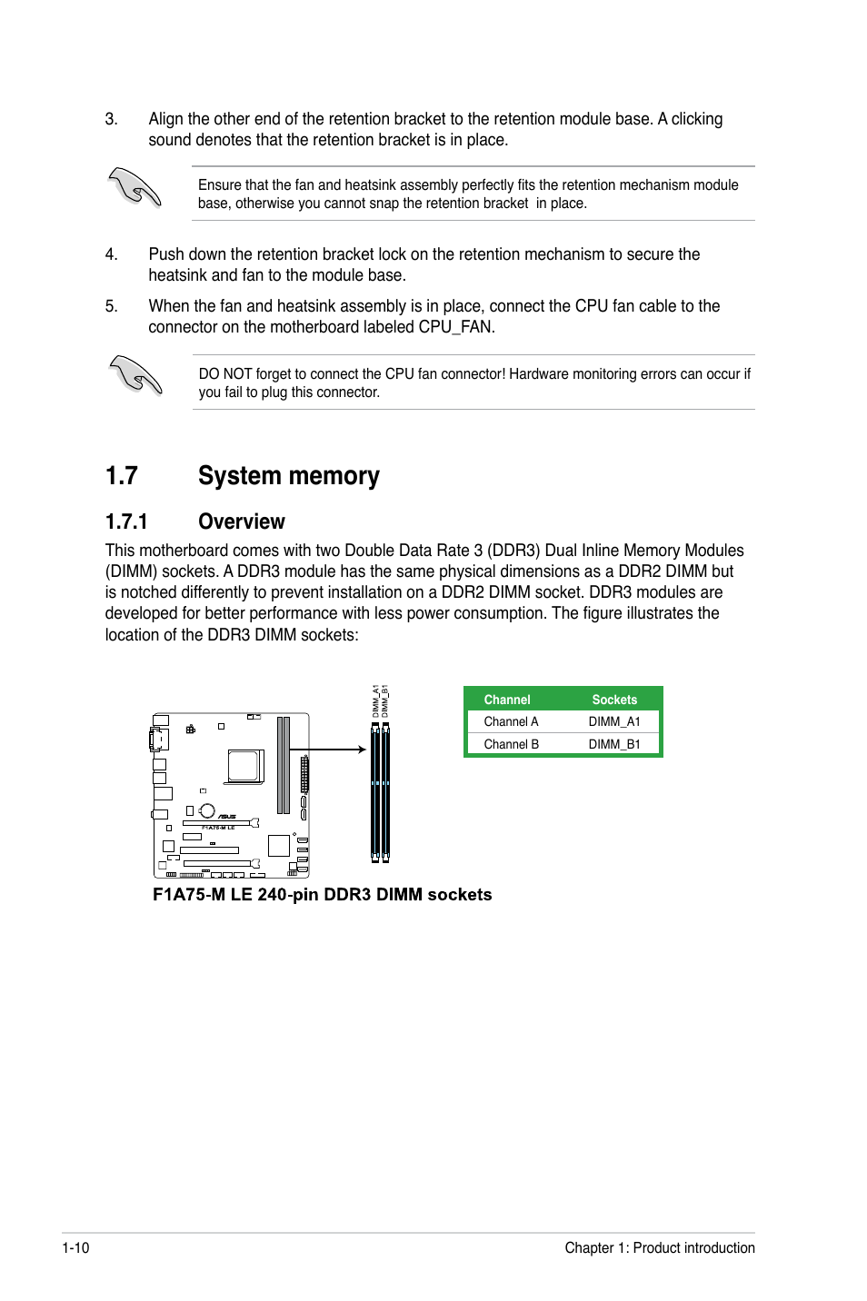 7 system memory, 1 overview, System memory -10 1.7.1 | Overview -10 | Asus F1A75-M LE User Manual | Page 22 / 66