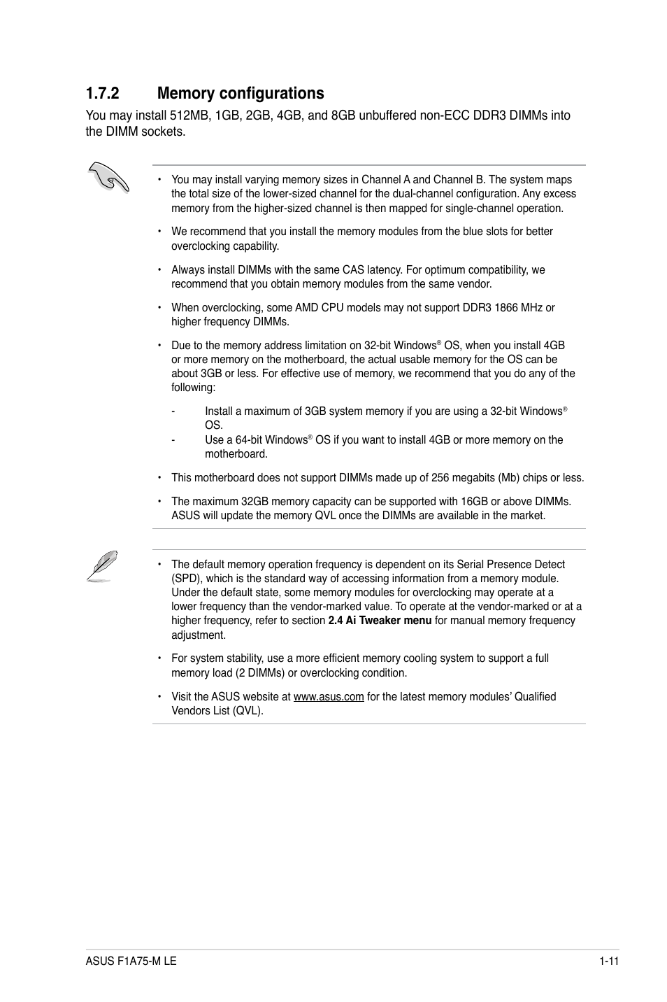 2 memory configurations, Memory configurations -11 | Asus F1A75-M LE User Manual | Page 23 / 66