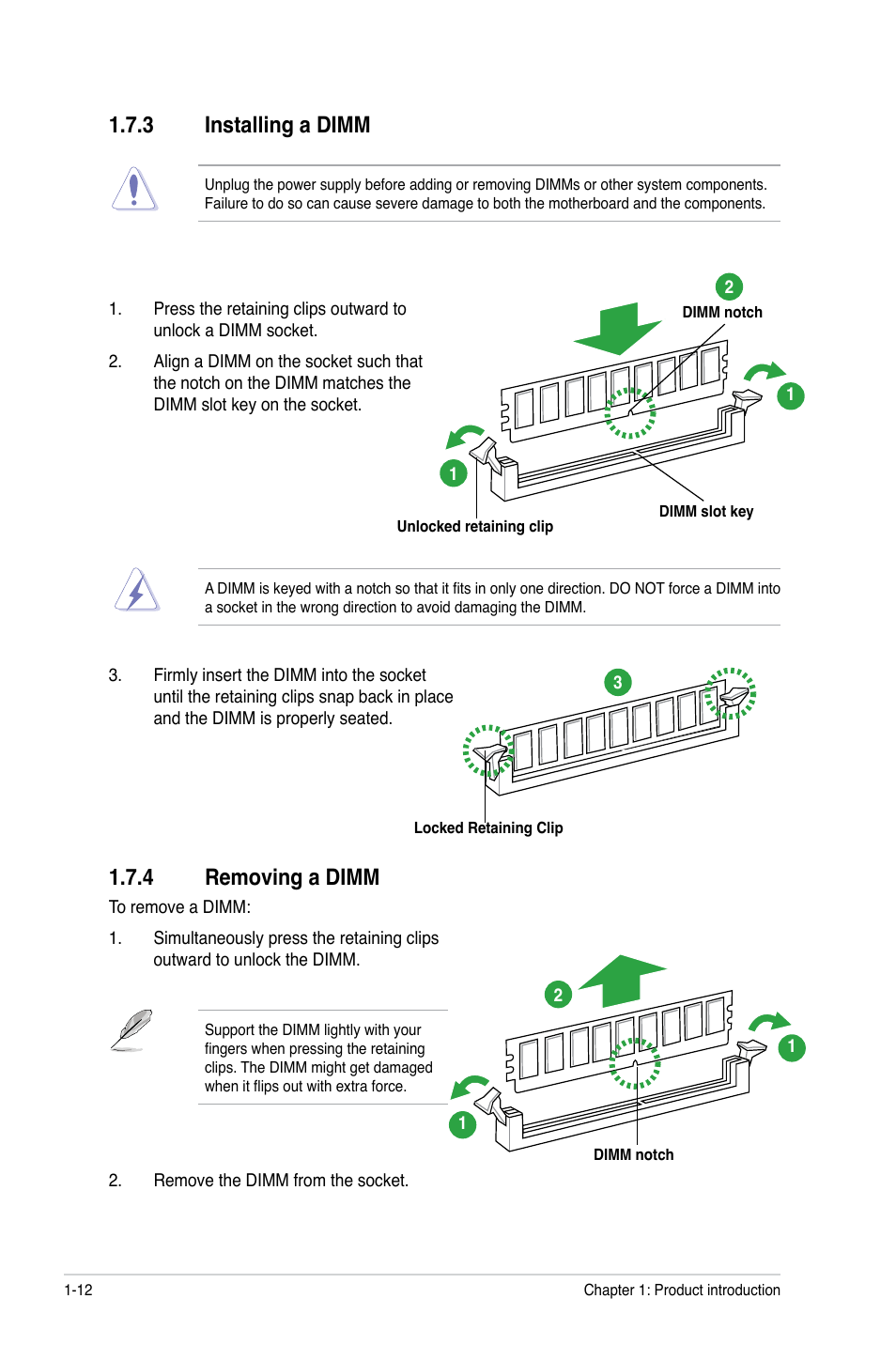 3 installing a dimm, 4 removing a dimm, Installing a dimm -12 | Removing a dimm -12 | Asus F1A75-M LE User Manual | Page 24 / 66