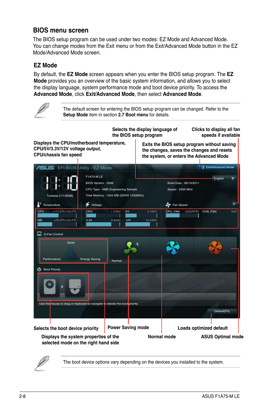 Bios menu screen, Ez mode, 8 asus f1a75-m le | Asus F1A75-M LE User Manual | Page 44 / 66