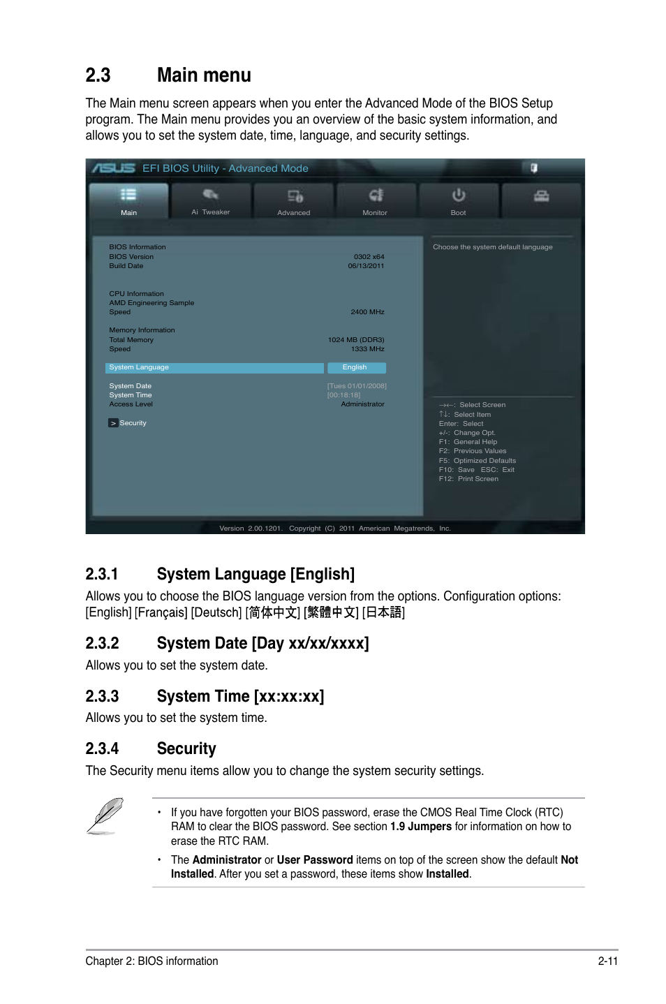 3 main menu, 1 system language [english, 2 system date [day xx/xx/xxxx | 3 system time [xx:xx:xx, 4 security, Main menu -11 2.3.1, System language [english] -11, System date [day xx/xx/xxxx] -11, System time [xx:xx:xx] -11, Security -11 | Asus F1A75-M LE User Manual | Page 47 / 66