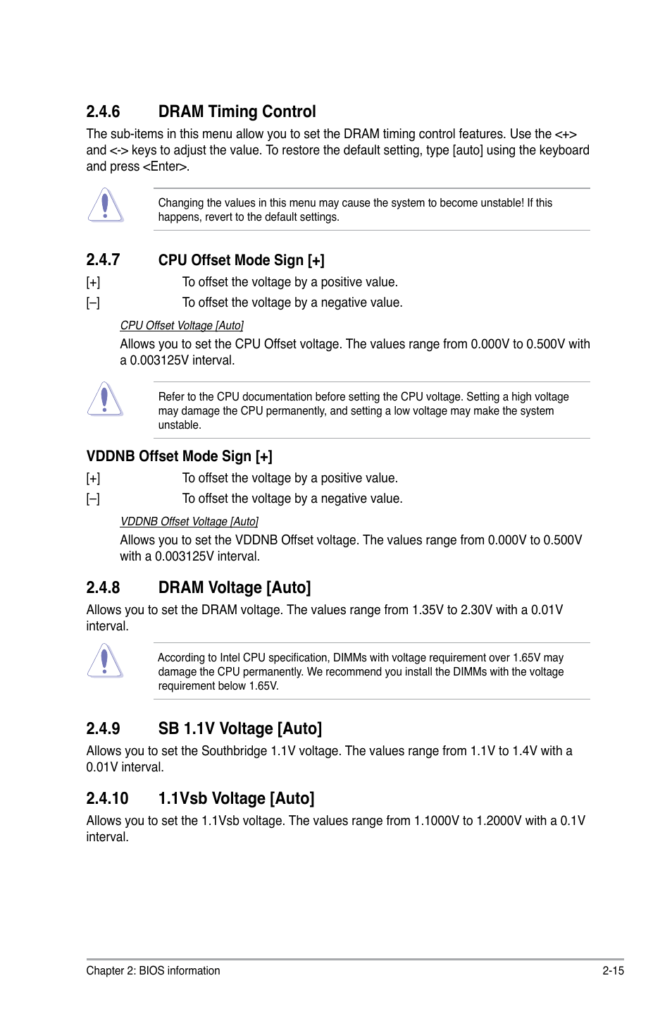 6 dram timing control, 7 cpu offset mode sign, 8 dram voltage [auto | 9 sb 1.1v voltage [auto, 10 1.1vsb voltage [auto, Dram timing control -15, Cpu offset mode sign [+] -15, Dram voltage [auto] -15, Sb 1.1v voltage [auto] -15, 10 1.1vsb voltage [auto] -15 | Asus F1A75-M LE User Manual | Page 51 / 66