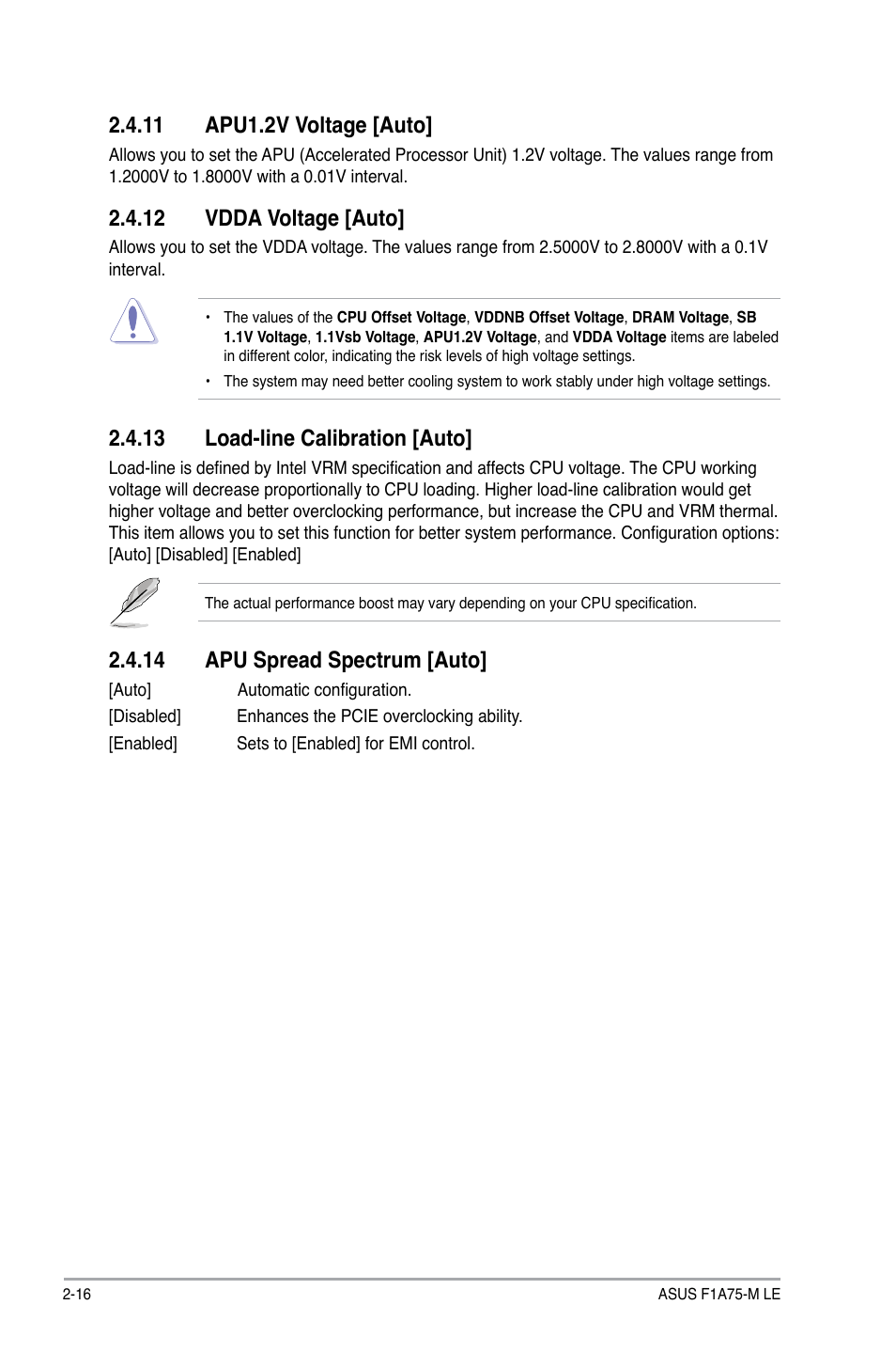 11 apu1.2v voltage [auto, 12 vdda voltage [auto, 13 load-line calibration [auto | 14 apu spread spectrum [auto | Asus F1A75-M LE User Manual | Page 52 / 66