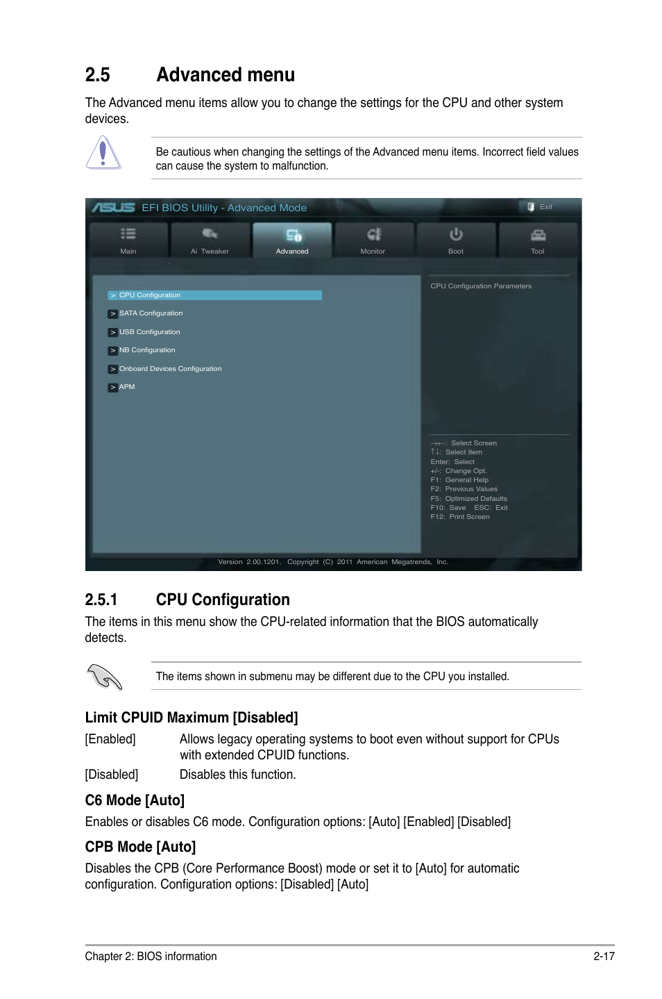 5 advanced menu, 1 cpu configuration, Advanced menu -17 2.5.1 | Cpu configuration -17, Limit cpuid maximum [disabled, C6 mode [auto, Cpb mode [auto | Asus F1A75-M LE User Manual | Page 53 / 66