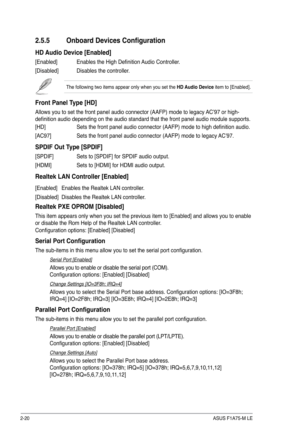 5 onboard devices configuration, Onboard devices configuration -20 | Asus F1A75-M LE User Manual | Page 56 / 66