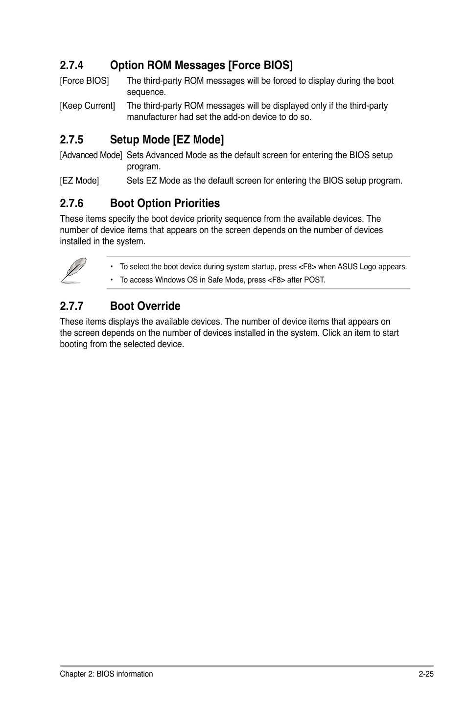 4 option rom messages [force bios, 5 setup mode [ez mode, 6 boot option priorities | 7 boot override, Option rom messages [force bios] -25, Setup mode [ez mode] -25, Boot option priorities -25, Boot override -25 | Asus F1A75-M LE User Manual | Page 61 / 66