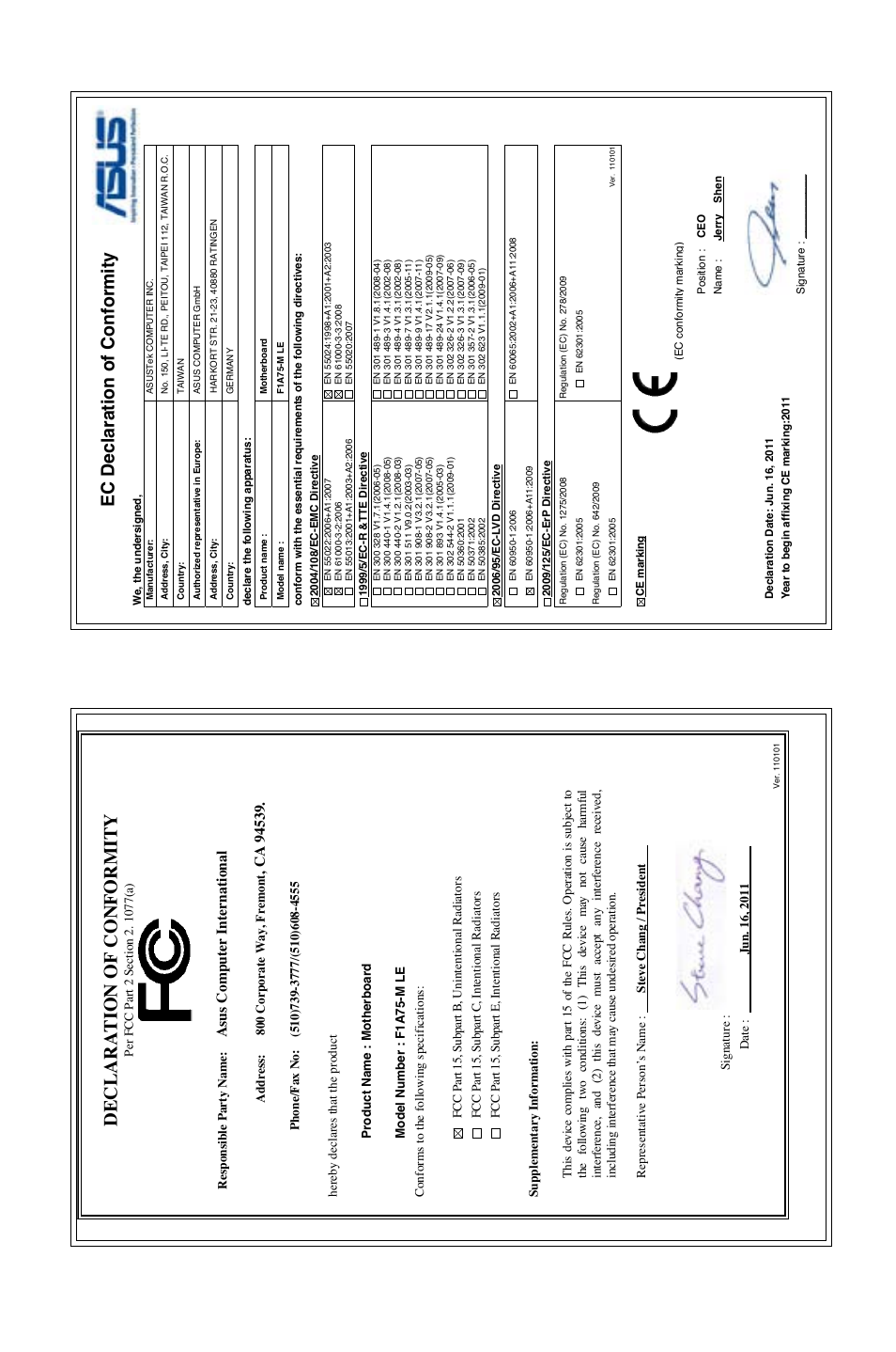 Declaration of conformity, Ec declaration of conformity, Asu s c om pu te r i nt er na tio na l | Asus F1A75-M LE User Manual | Page 66 / 66