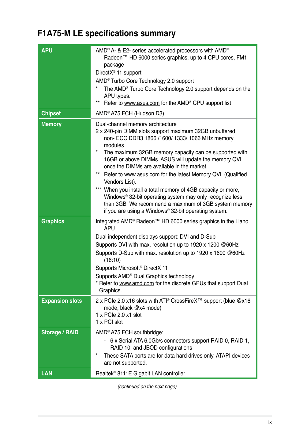 F1a75-m le specifications summary | Asus F1A75-M LE User Manual | Page 9 / 66