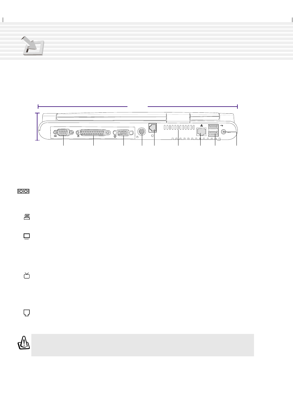 Rear side, 22 2. knowing the parts, Serial port | Parallel port, External monitor port, Tv-out port, Modem port | Asus A1F User Manual | Page 22 / 102