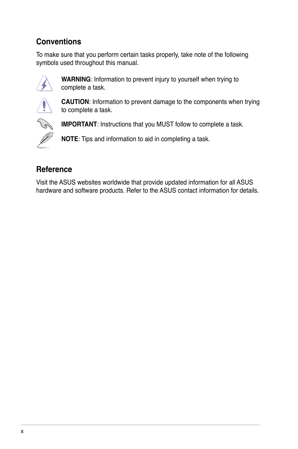 Reference, Conventions | Asus TS100-E5/PI4 User Manual | Page 10 / 166