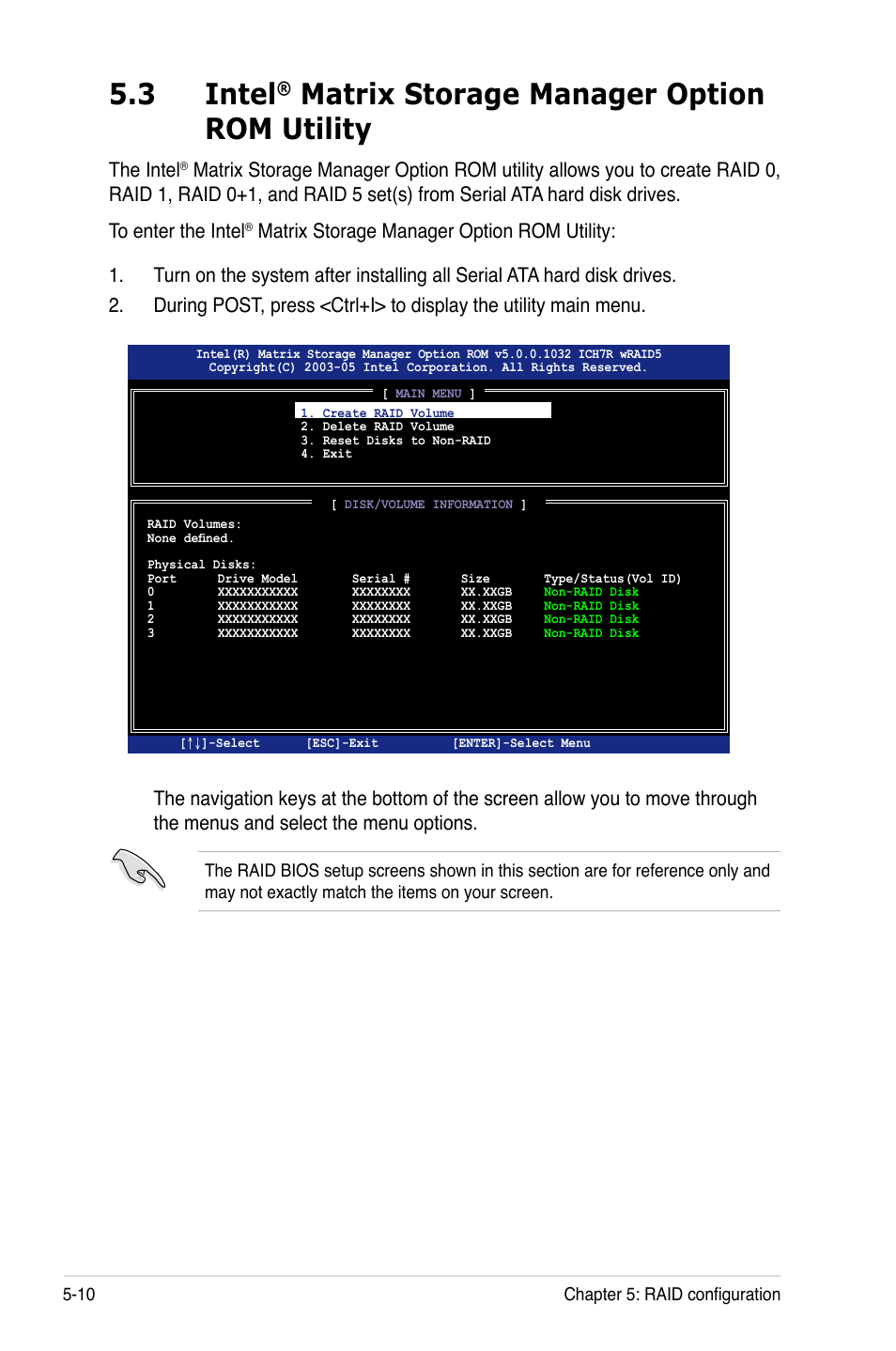 3 intel® matrix storage manager option rom utility, Intel, Matrix storage manager option rom utility -10 | 3 intel, Matrix storage manager option rom utility, The intel | Asus TS100-E5/PI4 User Manual | Page 100 / 166