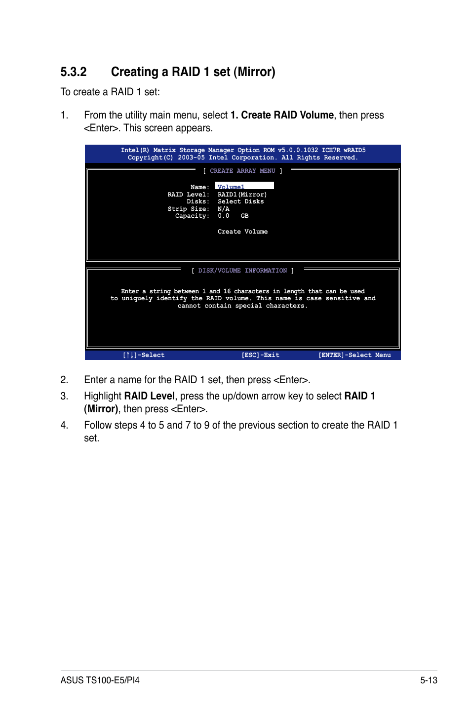 2 creating a raid 1 set (mirror), Creating a raid 1 set (mirror) -13 | Asus TS100-E5/PI4 User Manual | Page 103 / 166