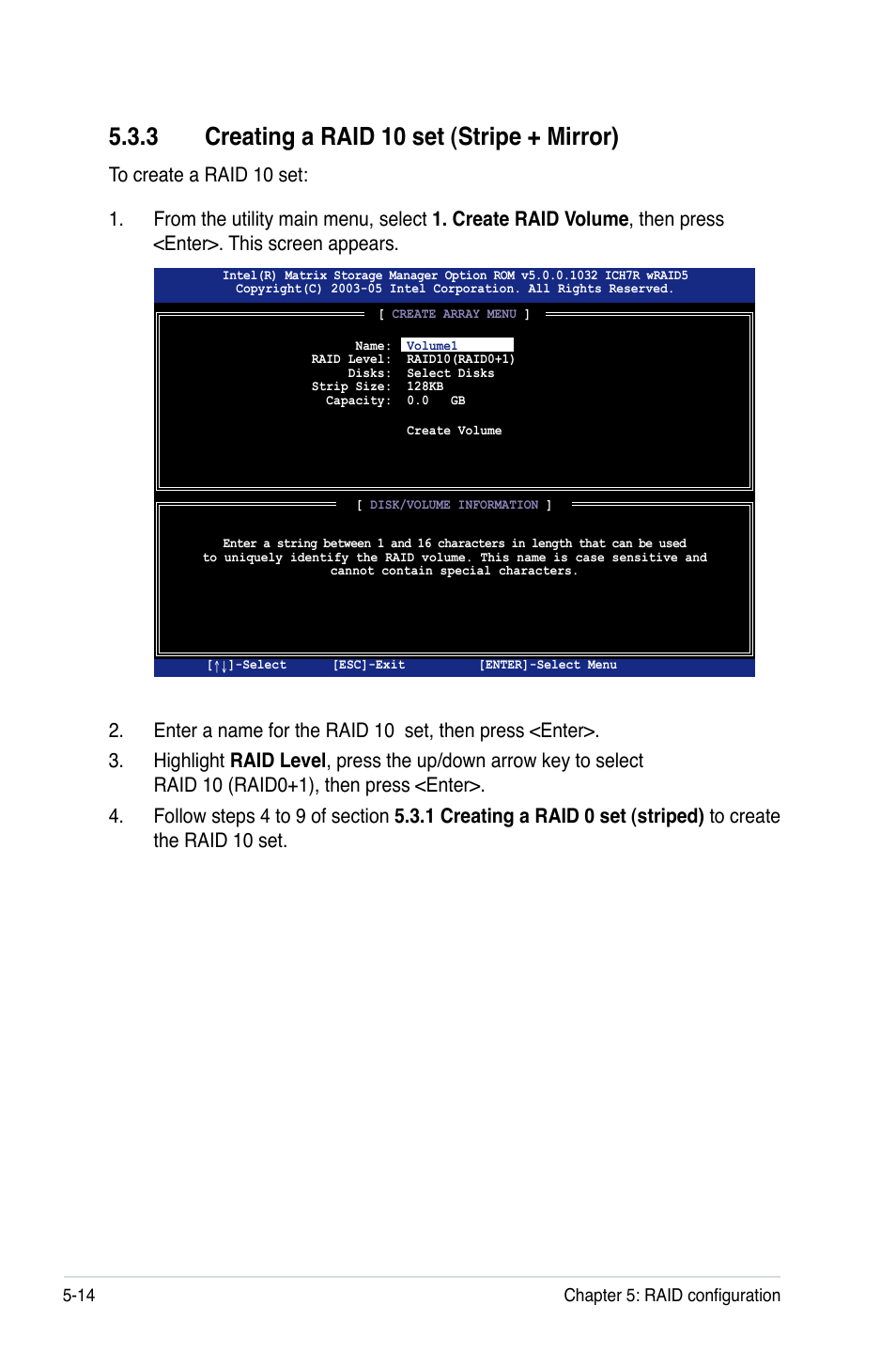 3 creating a raid 10 set (stripe + mirror), Creating a raid 10 set (stripe + mirror) -14 | Asus TS100-E5/PI4 User Manual | Page 104 / 166