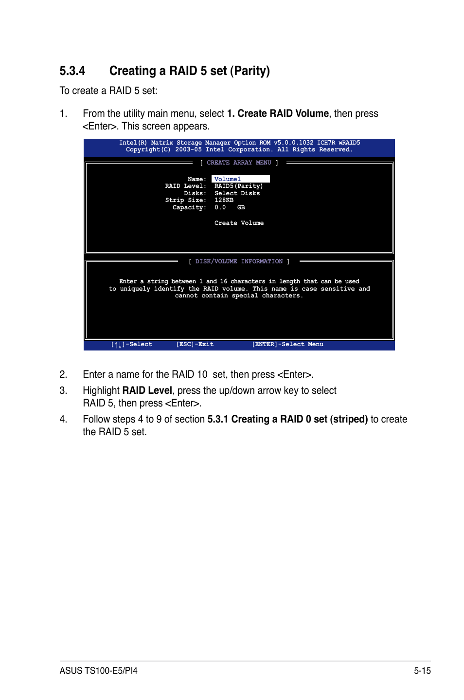 4 creating a raid 5 set (parity), Creating a raid 5 set (parity) -15 | Asus TS100-E5/PI4 User Manual | Page 105 / 166