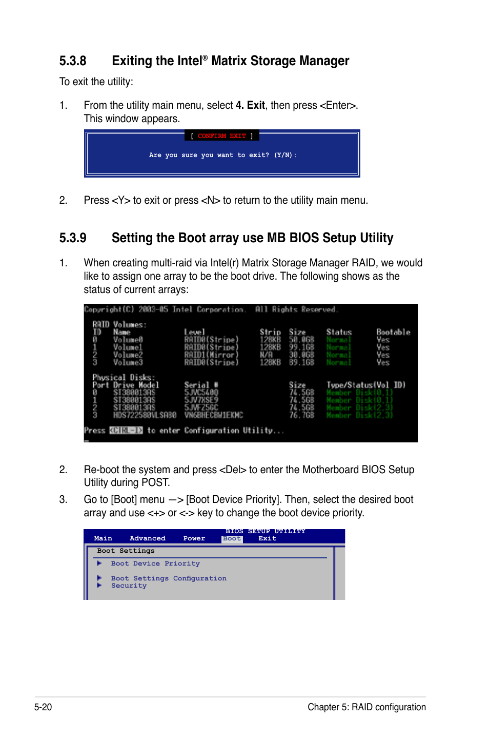 8 exiting the intel® matrix storage manager, 9 setting the boot array use mb bios setup utility, Exiting the intel | Matrix storage manager -20, 8 exiting the intel, Matrix storage manager | Asus TS100-E5/PI4 User Manual | Page 110 / 166