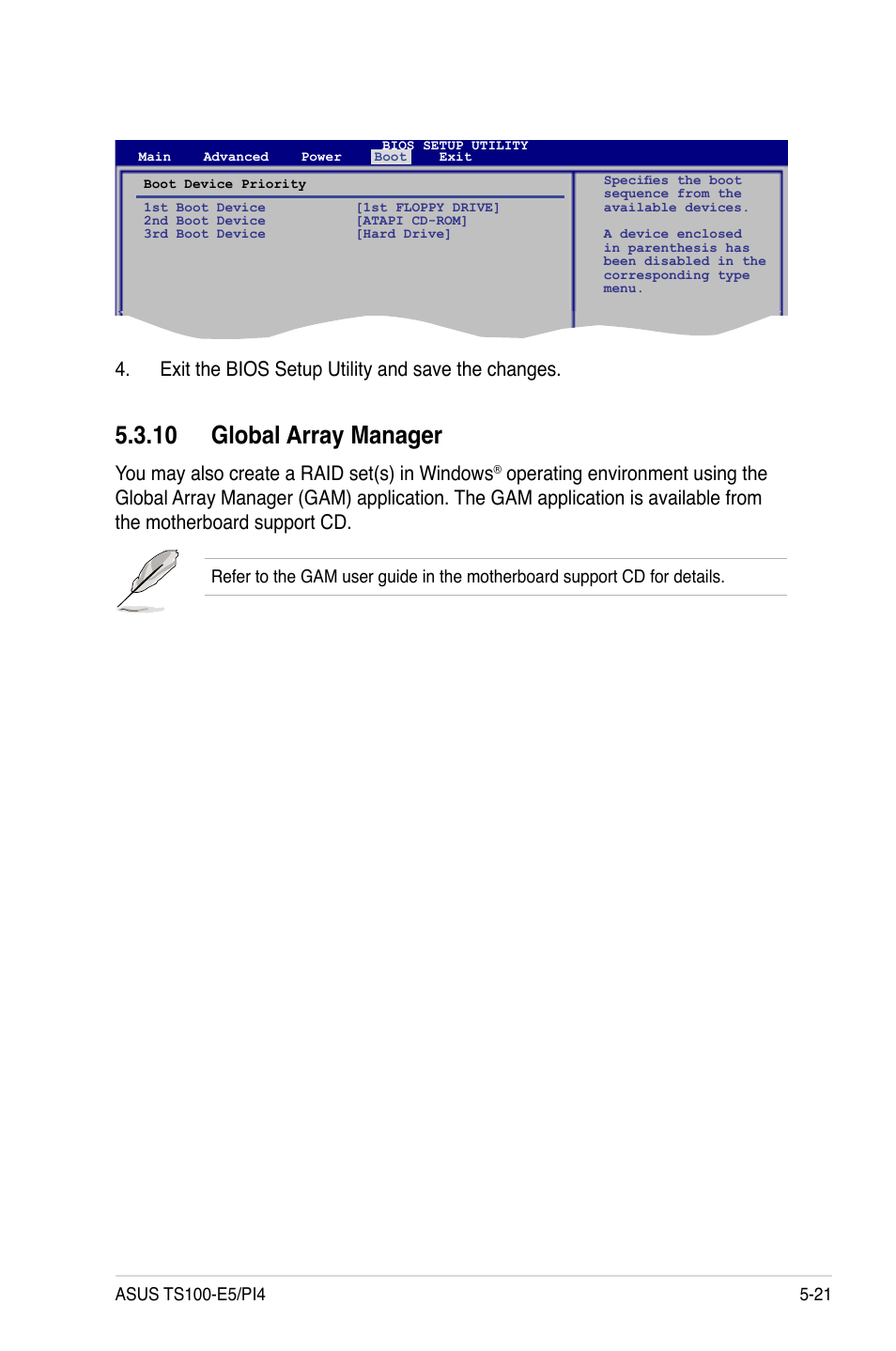 10 global array manager, 10 global array manager -21, You may also create a raid set(s) in windows | Exit the bios setup utility and save the changes | Asus TS100-E5/PI4 User Manual | Page 111 / 166