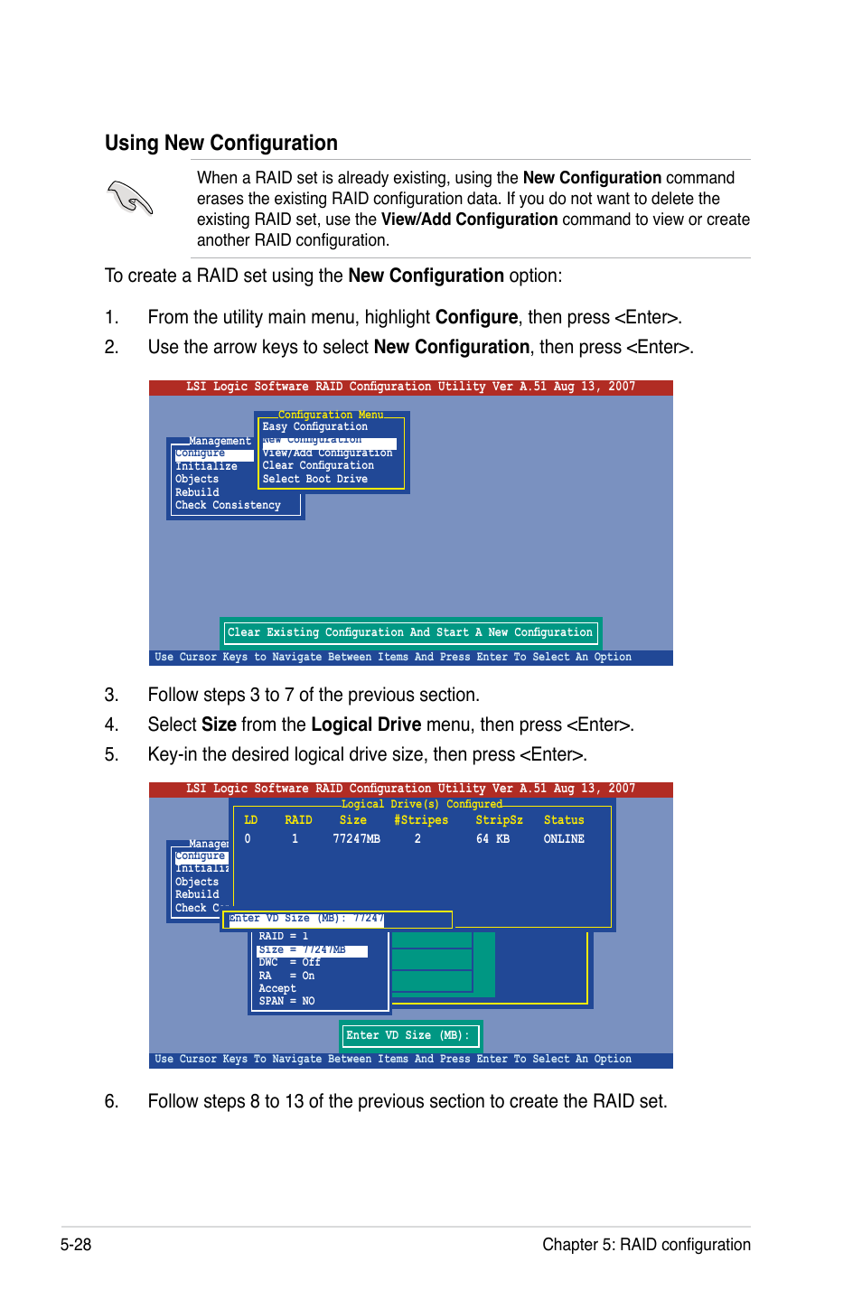 Using new configuration, 28 chapter 5: raid configuration | Asus TS100-E5/PI4 User Manual | Page 118 / 166