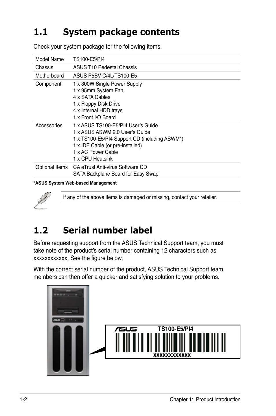 1 system package contents, 2 serial number label, System package contents -2 | Serial number label -2 | Asus TS100-E5/PI4 User Manual | Page 12 / 166