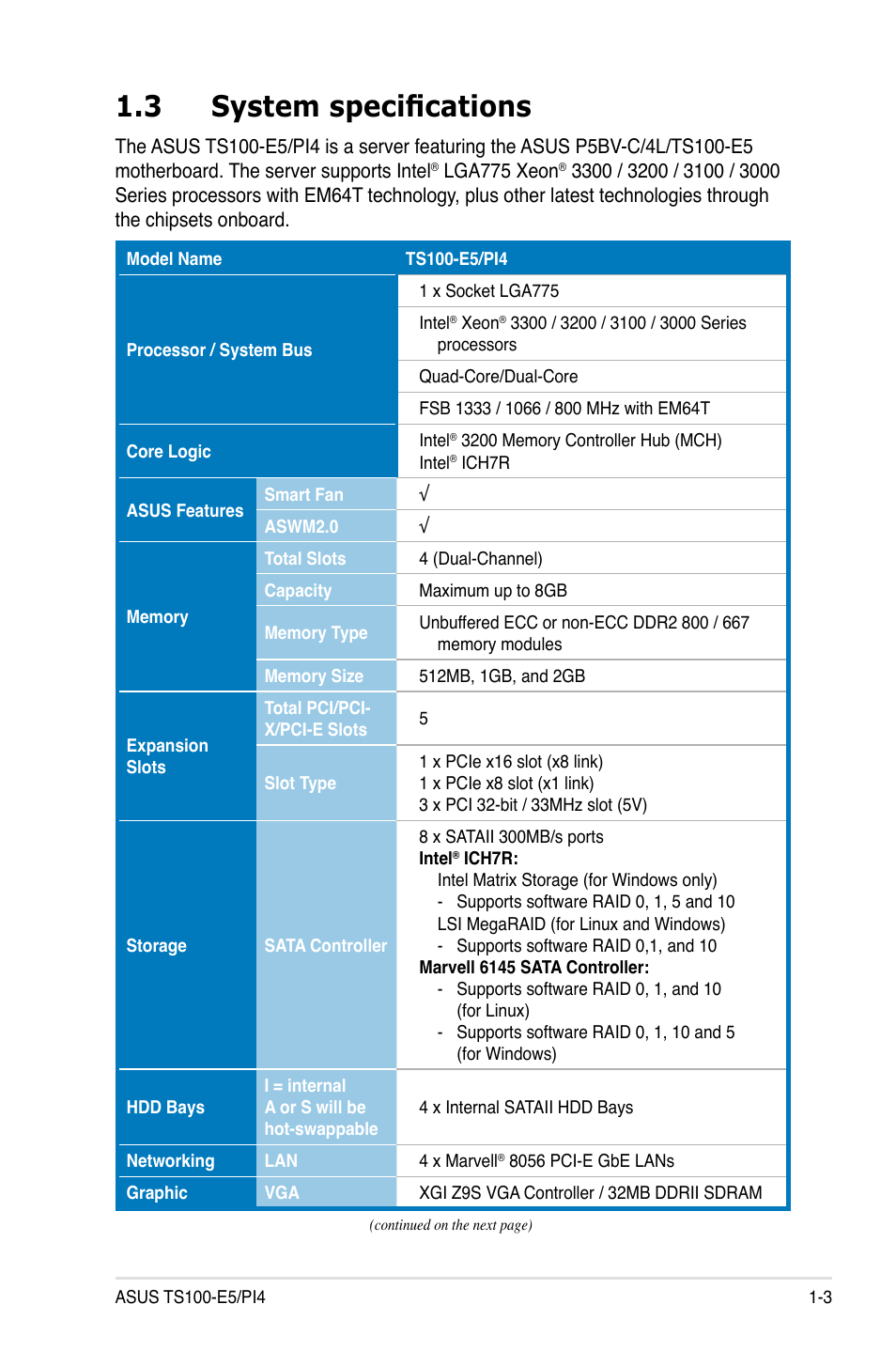 3 system specifications, System specifications -3 | Asus TS100-E5/PI4 User Manual | Page 13 / 166