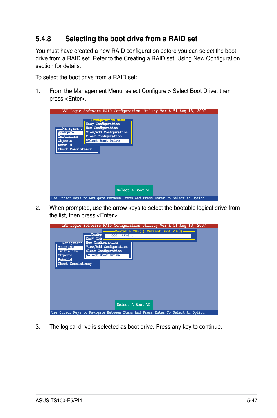 8 selecting the boot drive from a raid set, Selecting the boot drive from a raid set -47 | Asus TS100-E5/PI4 User Manual | Page 137 / 166