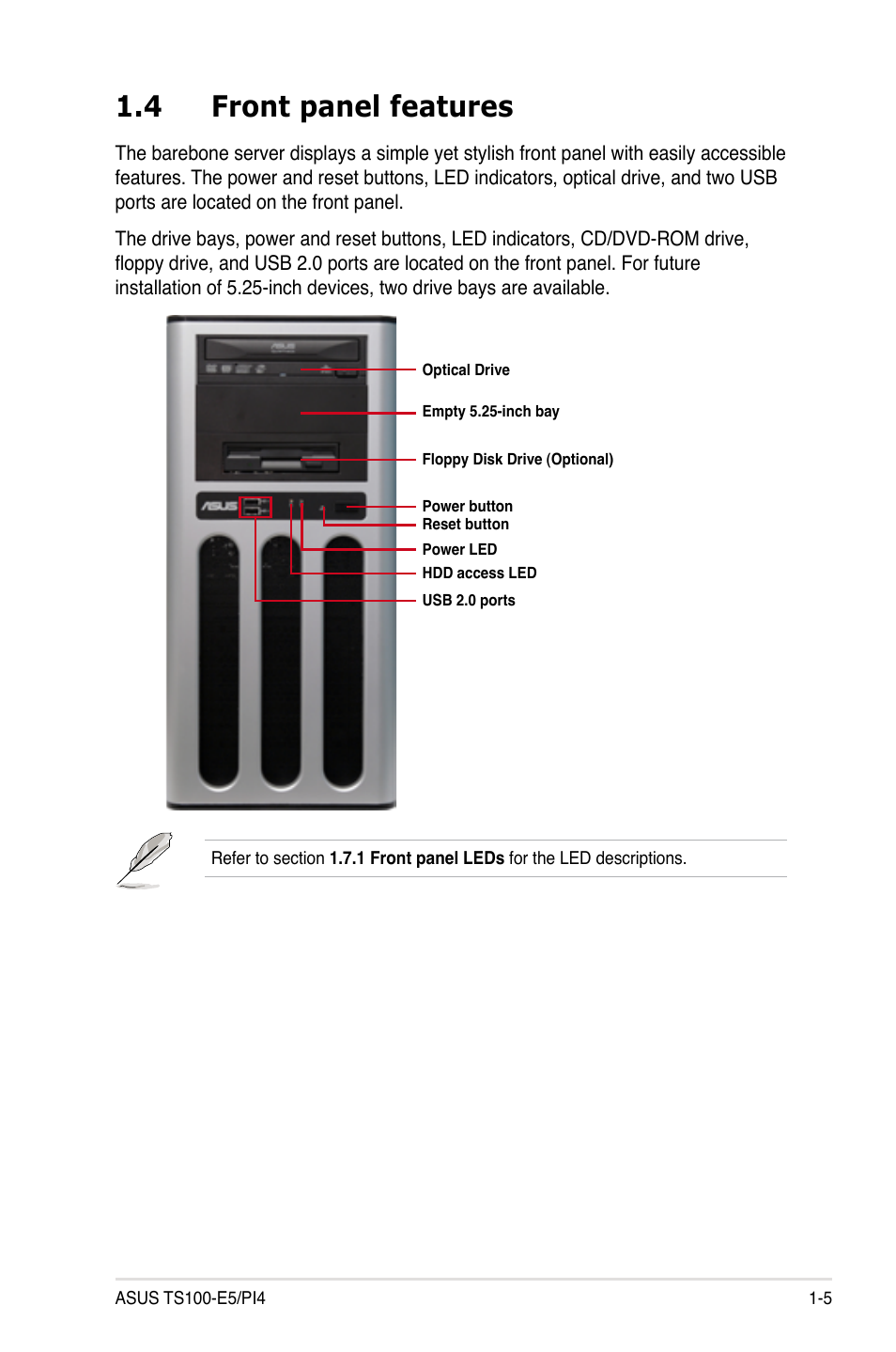 4 front panel features, Front panel features -5 | Asus TS100-E5/PI4 User Manual | Page 15 / 166