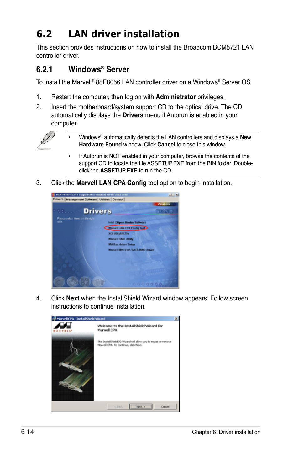 2 lan driver installation, 1 windows® server, Lan driver installation -14 6.2.1 | Windows, Server -14, 1 windows, Server | Asus TS100-E5/PI4 User Manual | Page 152 / 166