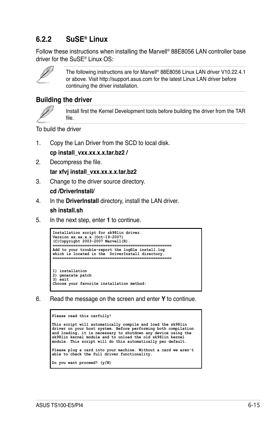 2 suse® linux, Suse, Linux -15 | 2 suse, Linux, Building the driver | Asus TS100-E5/PI4 User Manual | Page 153 / 166