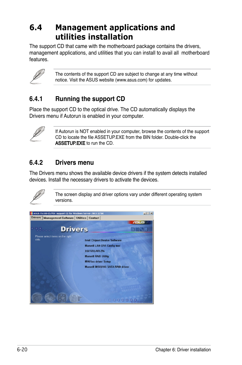 1 running the support cd, 2 drivers menu, Running the support cd -20 | Drivers menu -20 | Asus TS100-E5/PI4 User Manual | Page 158 / 166