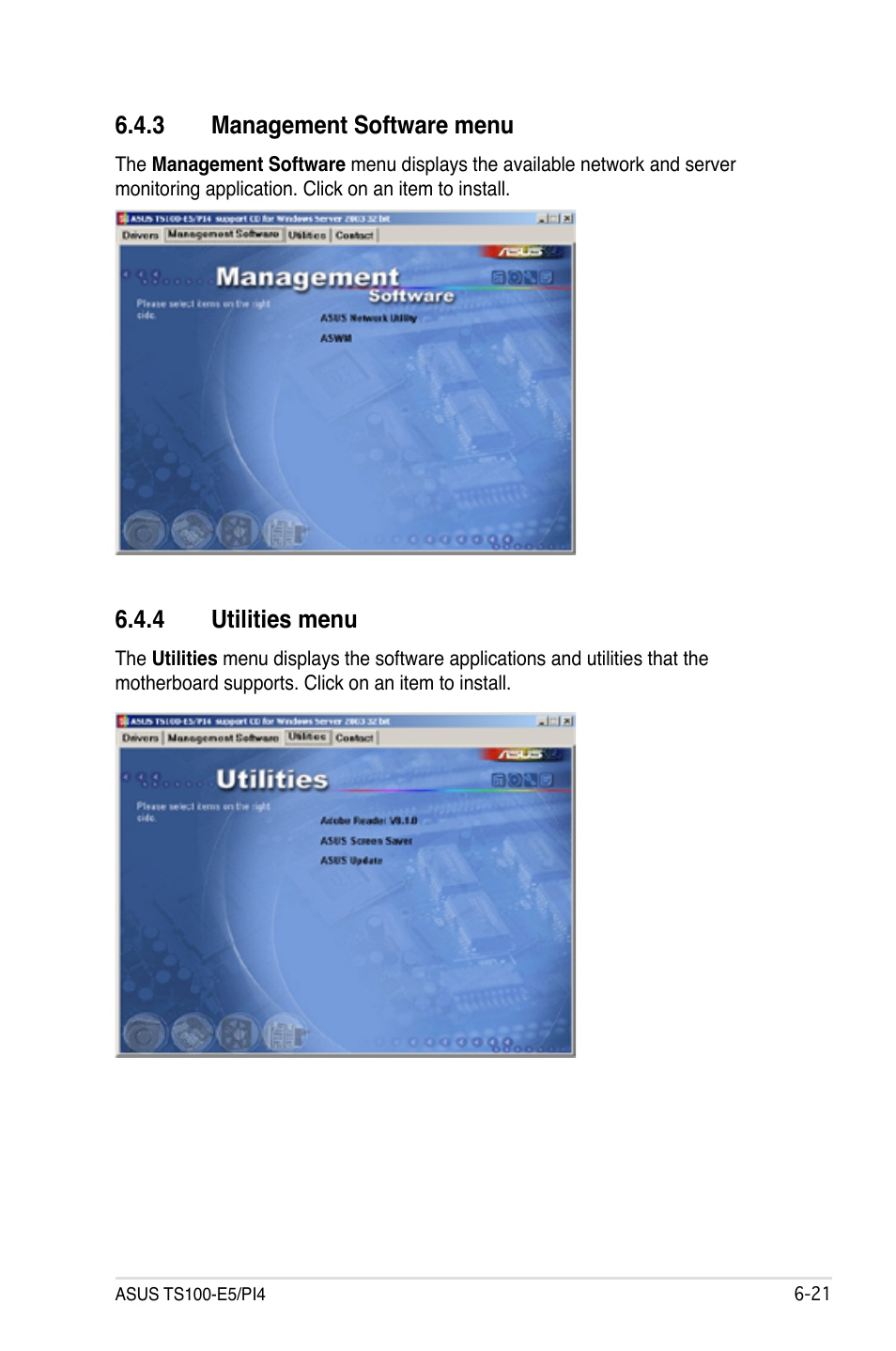3 management software menu, 4 utilities menu, Management software menu -21 | Utilities menu -21 | Asus TS100-E5/PI4 User Manual | Page 159 / 166