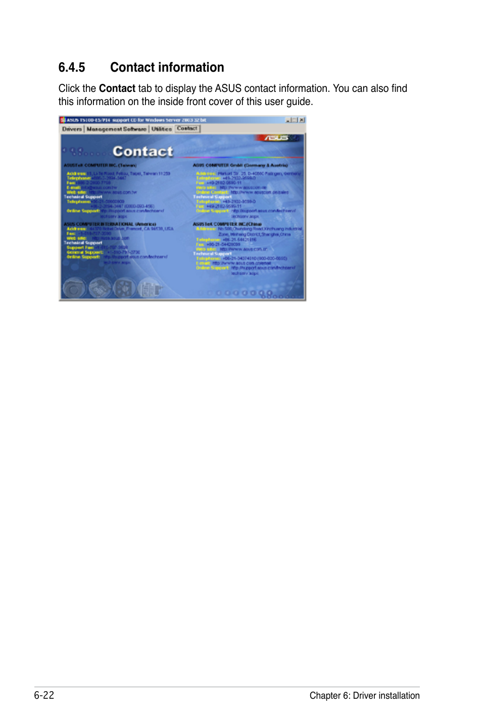 5 contact information, Contact information -22 | Asus TS100-E5/PI4 User Manual | Page 160 / 166