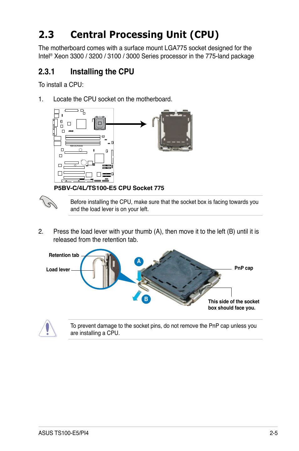 3 central processing unit (cpu), 1 installing the cpu, Central processing unit (cpu) -5 2.3.1 | Installing the cpu -5 | Asus TS100-E5/PI4 User Manual | Page 23 / 166