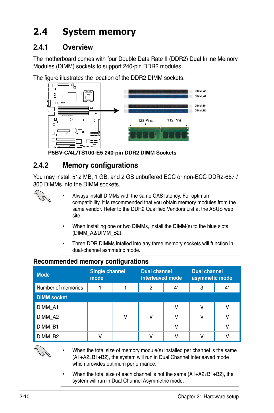 4 system memory, 1 overview, 2 memory configurations | System memory -10 2.4.1, Overview -10, Memory configurations -10 | Asus TS100-E5/PI4 User Manual | Page 28 / 166