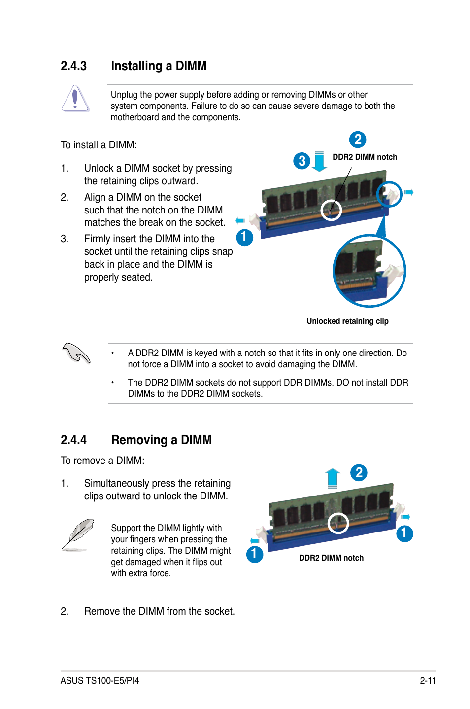 3 installing a dimm, 4 removing a dimm, Installing a dimm -11 | Removing a dimm -11 | Asus TS100-E5/PI4 User Manual | Page 29 / 166