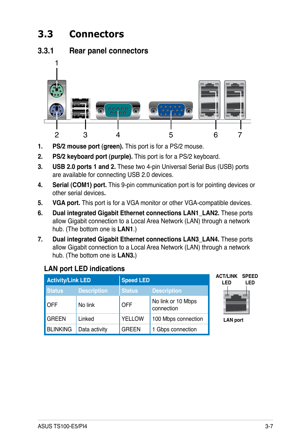 3 connectors, 1 rear panel connectors, Connectors -7 3.3.1 | Rear panel connectors -7 | Asus TS100-E5/PI4 User Manual | Page 47 / 166