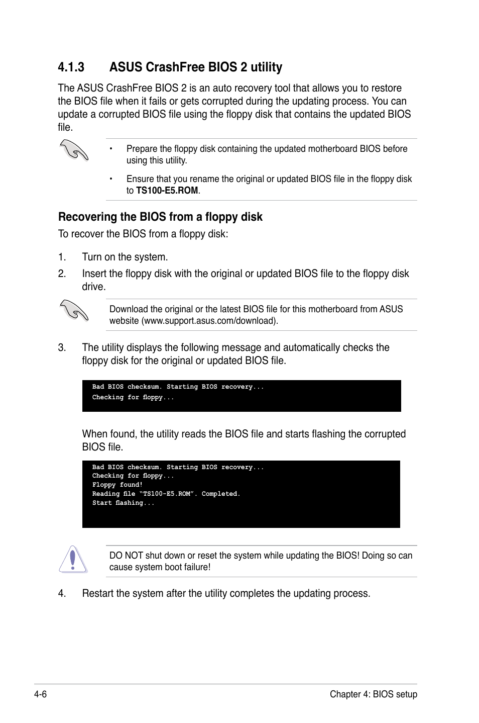 3 asus crashfree bios 2 utility, Asus crashfree bios 2 utility -6, Recovering the bios from a floppy disk | Asus TS100-E5/PI4 User Manual | Page 62 / 166