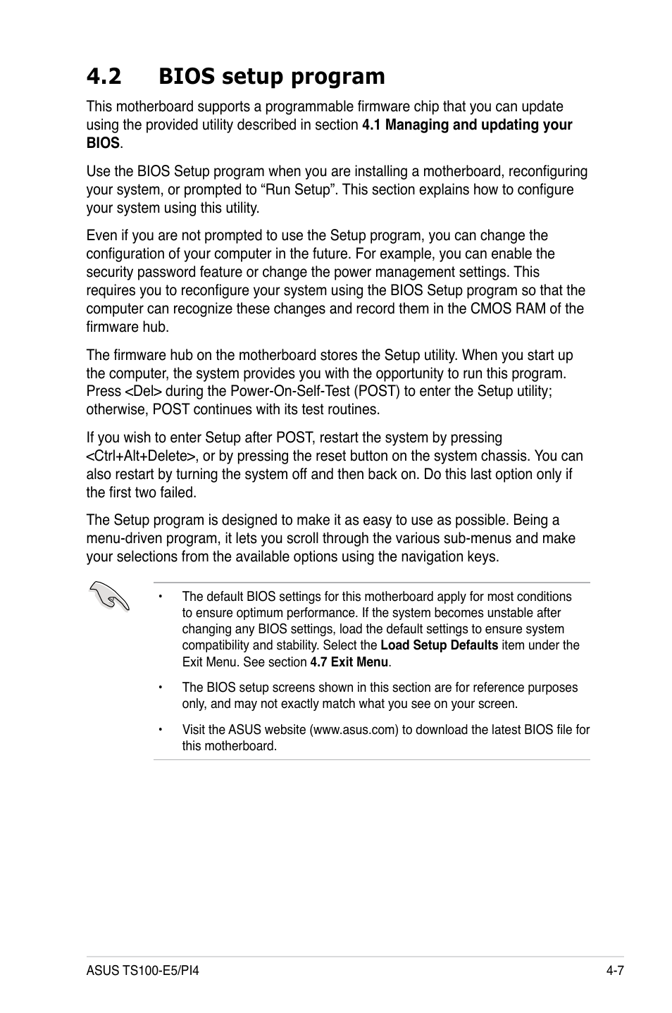 2 bios setup program, Bios setup program -7 | Asus TS100-E5/PI4 User Manual | Page 63 / 166