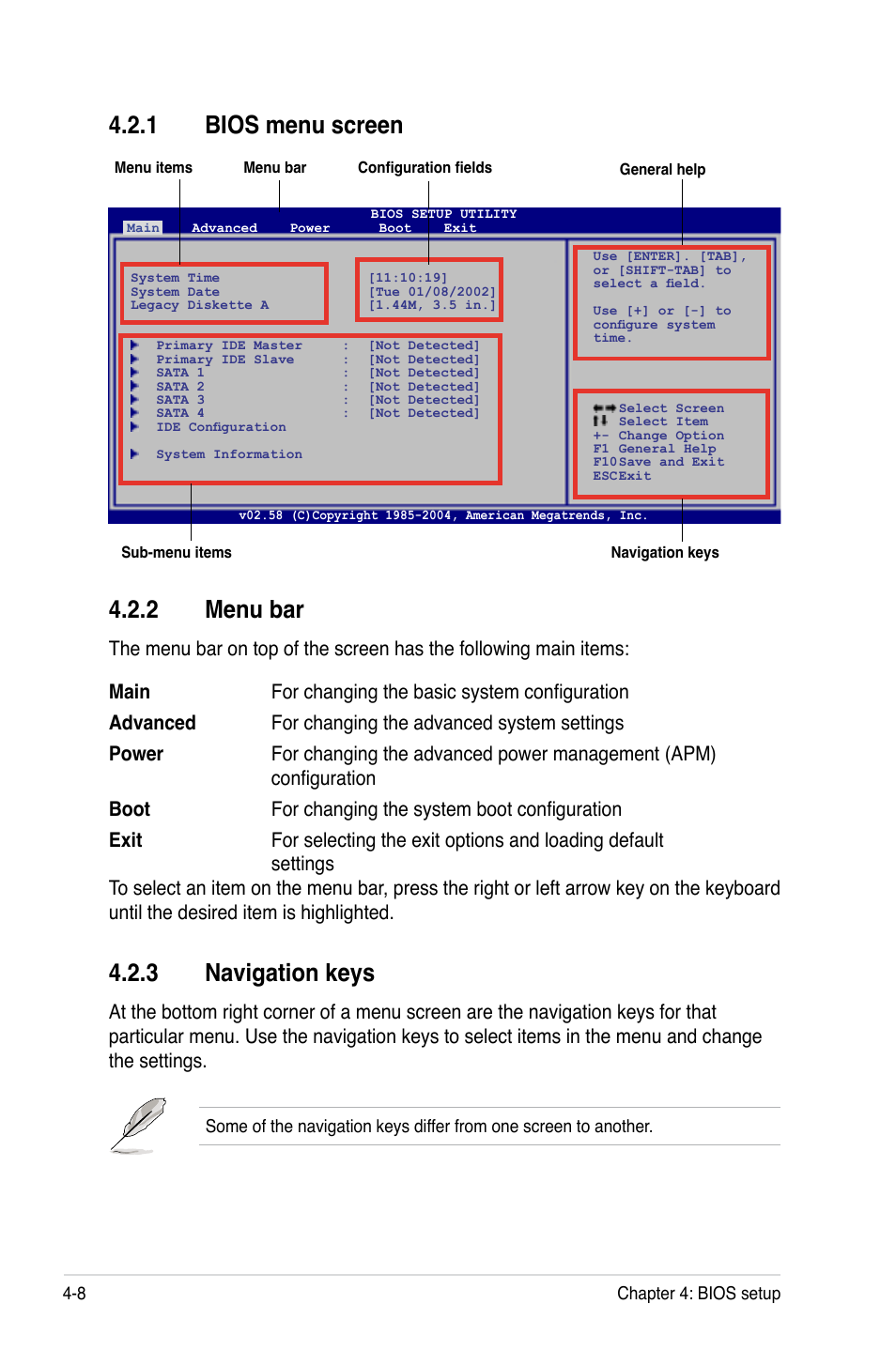 1 bios menu screen, 2 menu bar, 3 navigation keys | Bios menu screen -8, Menu bar -8, Navigation keys -8 | Asus TS100-E5/PI4 User Manual | Page 64 / 166