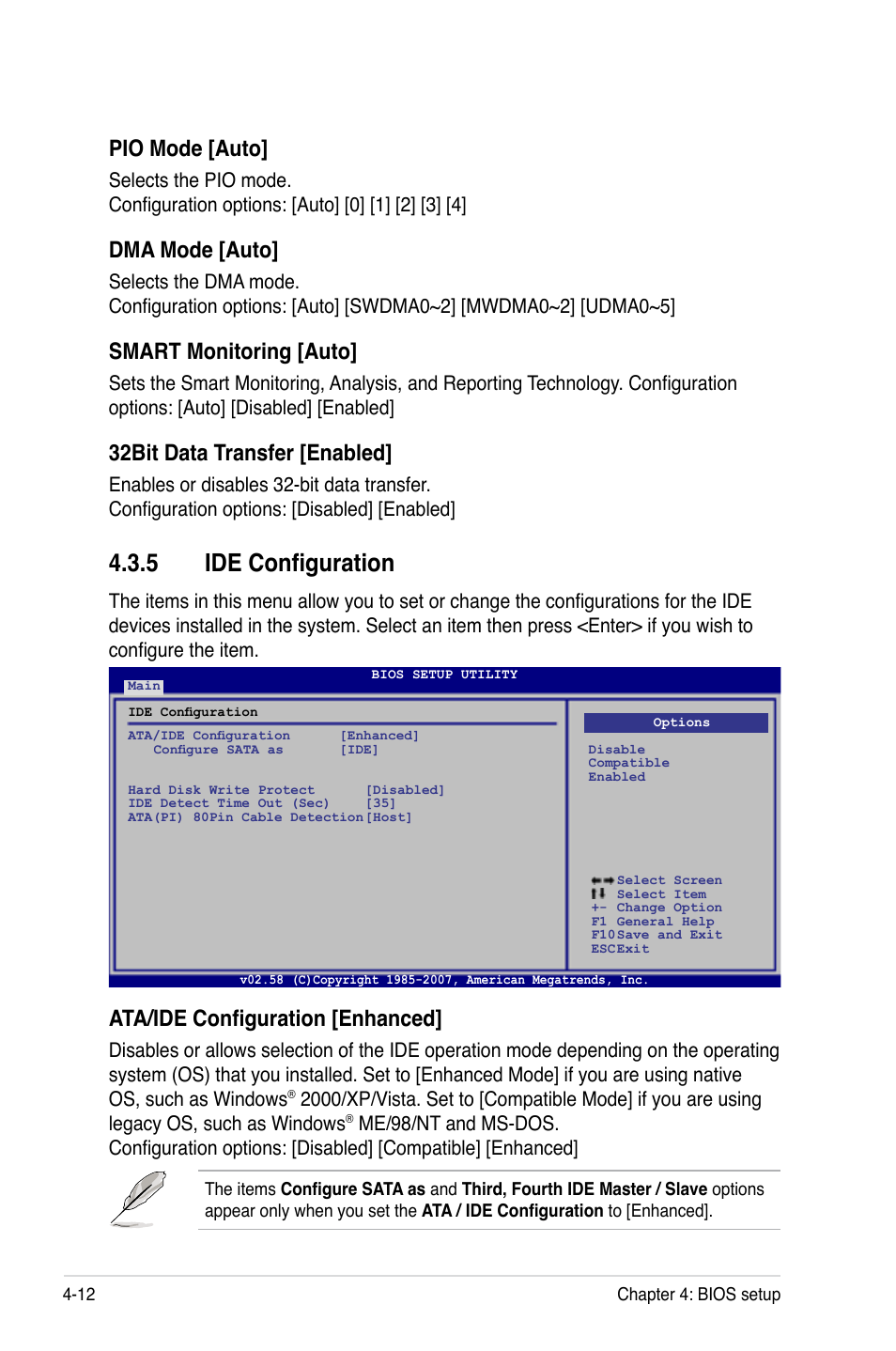 5 ide configuration, Ide configuration -12, Pio mode [auto | Dma mode [auto, Smart monitoring [auto, 32bit data transfer [enabled, Ata/ide configuration [enhanced | Asus TS100-E5/PI4 User Manual | Page 68 / 166