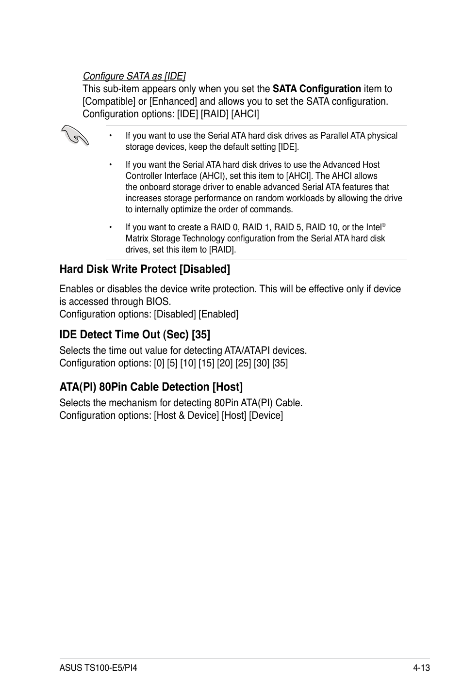 Hard disk write protect [disabled, Ide detect time out (sec) [35, Ata(pi) 80pin cable detection [host | Asus TS100-E5/PI4 User Manual | Page 69 / 166