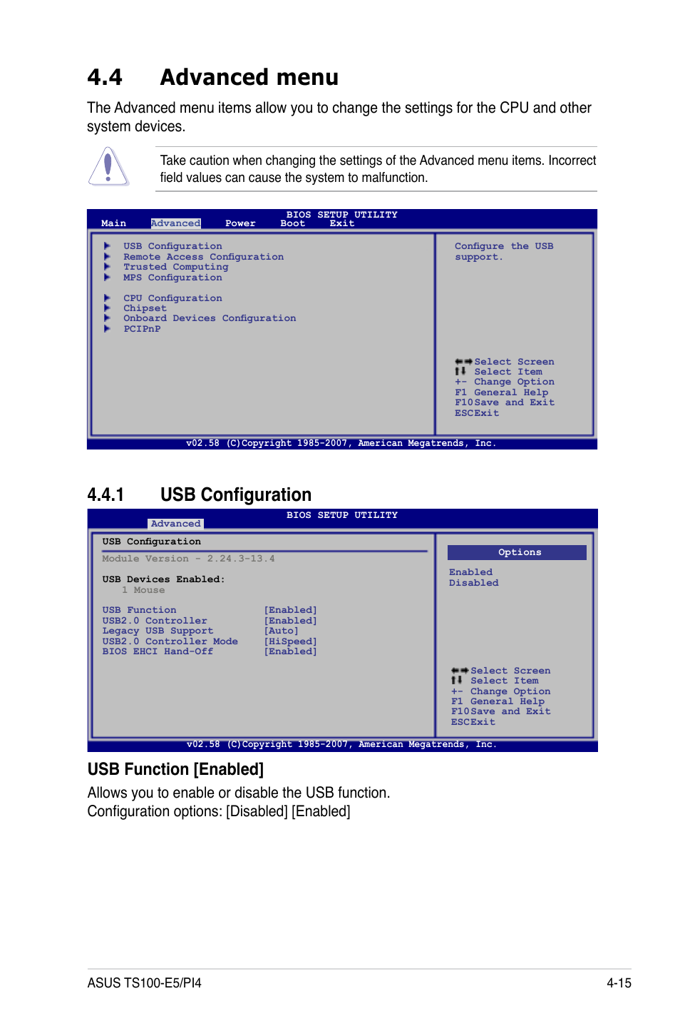 4 advanced menu, 1 usb configuration, Advanced menu -15 4.4.1 | Usb configuration -15, Usb function [enabled | Asus TS100-E5/PI4 User Manual | Page 71 / 166