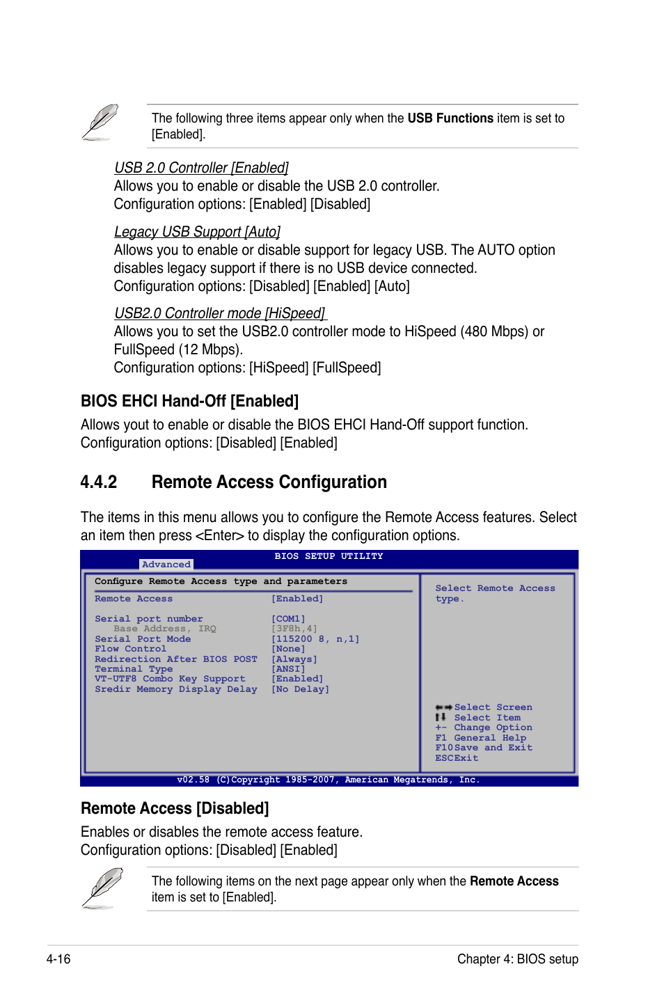 2 remote access configuration, Remote access configuration -16, Bios ehci hand-off [enabled | Remote access [disabled | Asus TS100-E5/PI4 User Manual | Page 72 / 166