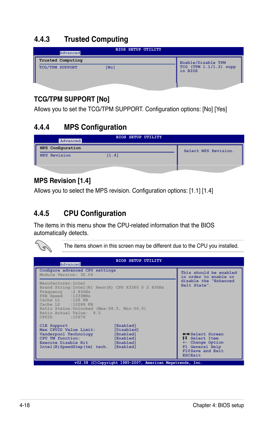 3 trusted computing, 4 mps configuration, 5 cpu configuration | Trusted computing -18, Mps configuration -18, Cpu configuration -18, Mps revision [1.4, Tcg/tpm support [no | Asus TS100-E5/PI4 User Manual | Page 74 / 166