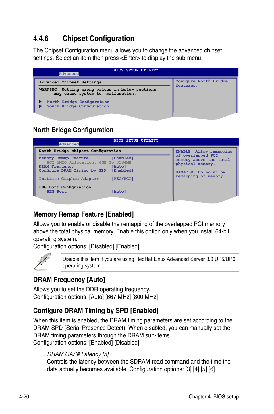 6 chipset configuration, Chipset configuration -20, North bridge configuration | Dram frequency [auto, Configure dram timing by spd [enabled | Asus TS100-E5/PI4 User Manual | Page 76 / 166