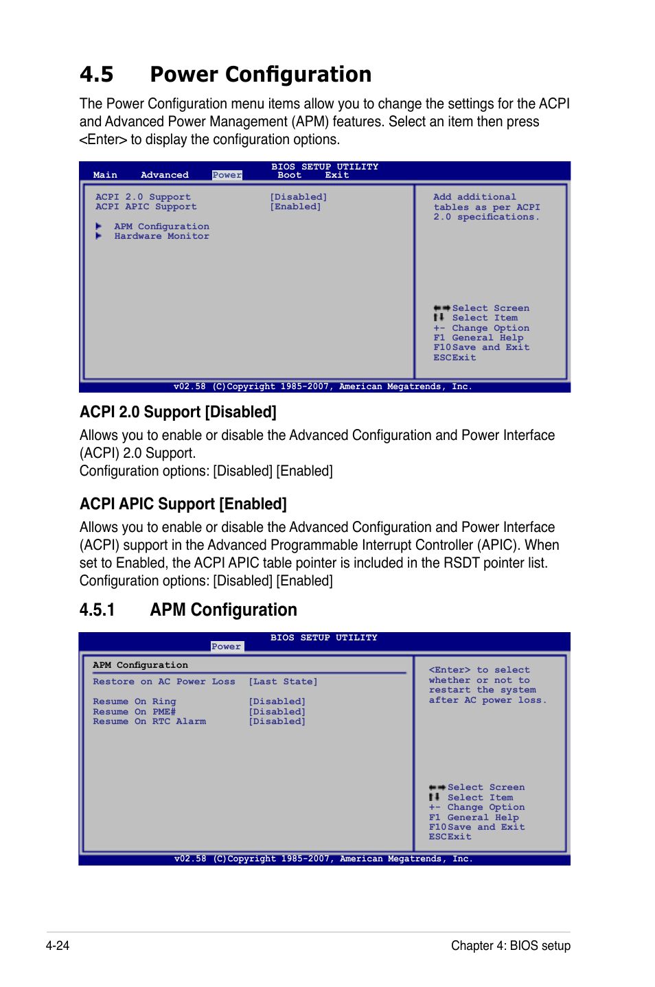 5 power configuration, 1 apm configuration, Power configuration -24 4.5.1 | Apm configuration -24, Acpi 2.0 support [disabled, Acpi apic support [enabled | Asus TS100-E5/PI4 User Manual | Page 80 / 166
