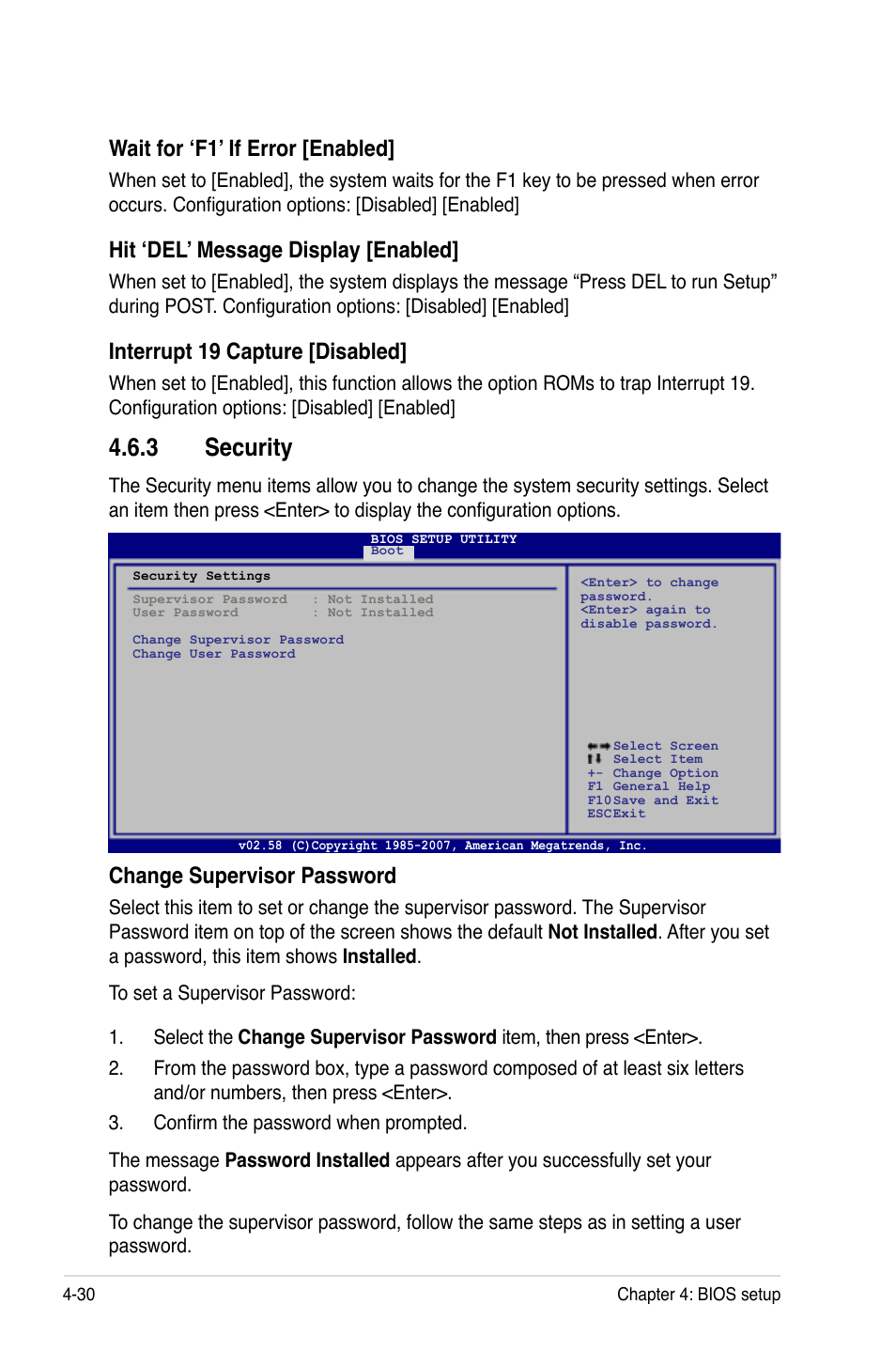 3 security, Security -30, Wait for ‘f1’ if error [enabled | Hit ‘del’ message display [enabled, Interrupt 19 capture [disabled, Change supervisor password | Asus TS100-E5/PI4 User Manual | Page 86 / 166